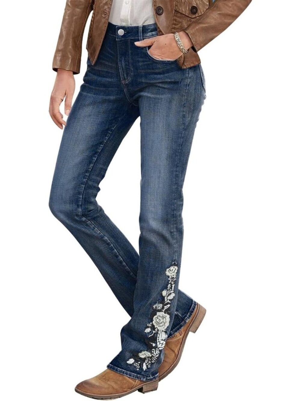 Floral Embroidery Mid Waist High Stretch Bootcut Jeans for Women - Trendy